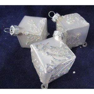 Silver Mercury Style Square Blown Glass Glitter Accent Ornaments A Set of Three